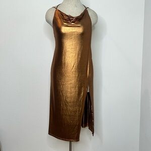 🔹 NBD x Revolve Kai Metallic Drape Front Backless Midi Dress